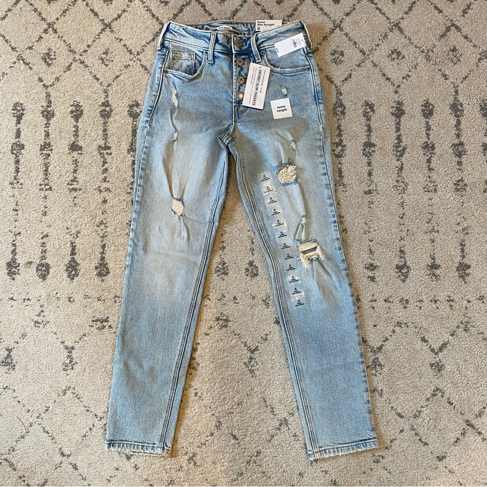 Old Navy Power Slim Straight Ankle Jeans Buttlon Fly Distressed - Picture 2 of 8